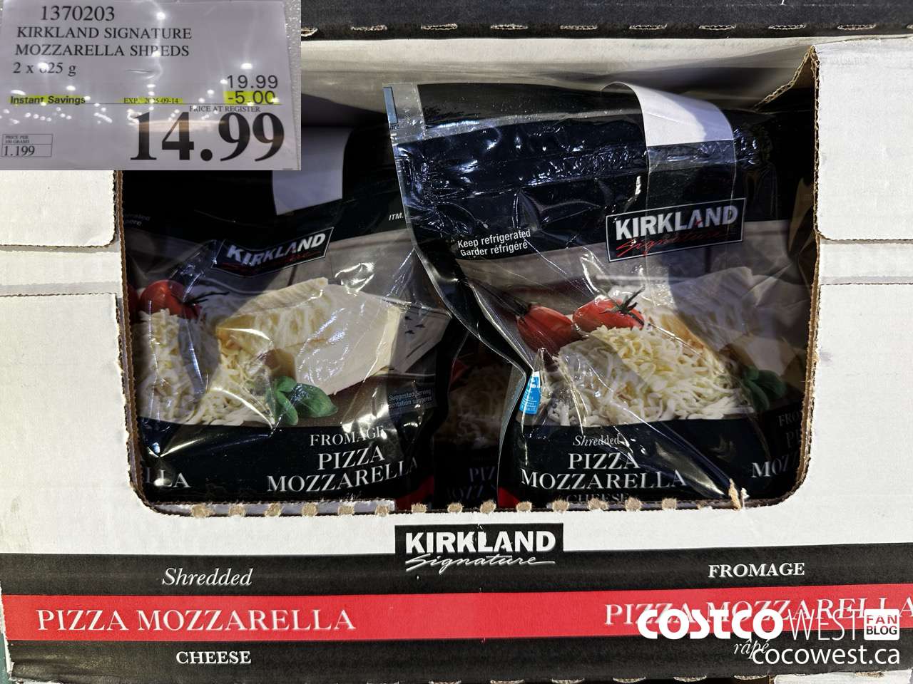 1370203 KIRKLAND SIGNATURE MOZZARELLA SHREDS 2 X 625 G ($5.00 INSTANT SAVINGS EXPIRES ON 2025-09-14) $14.99