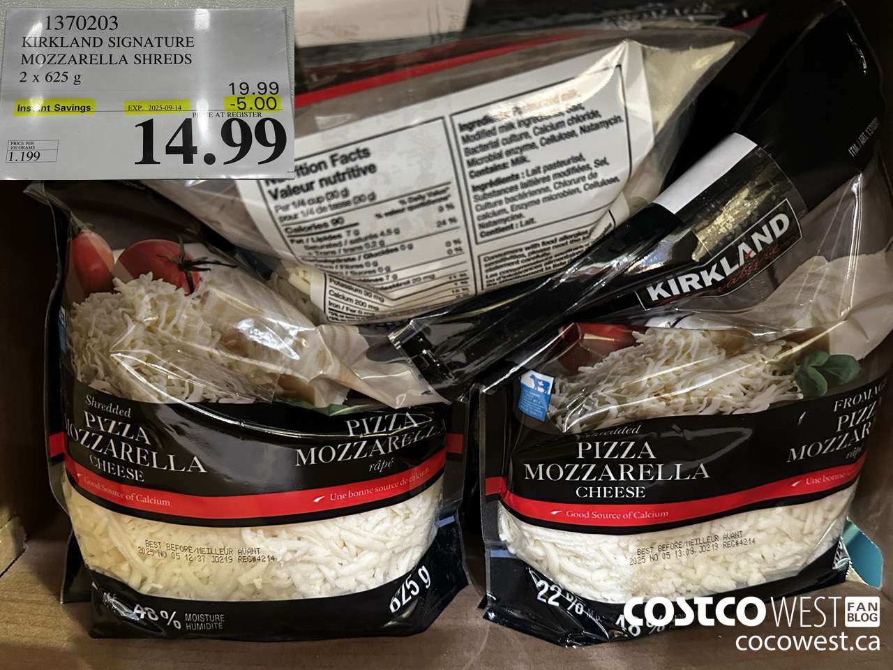1370203 KIRKLAND SIGNATURE MOZZARELLA SHREDS 2 X 625 G ($5.00 INSTANT SAVINGS EXPIRES ON 2025-09-14) $14.99
