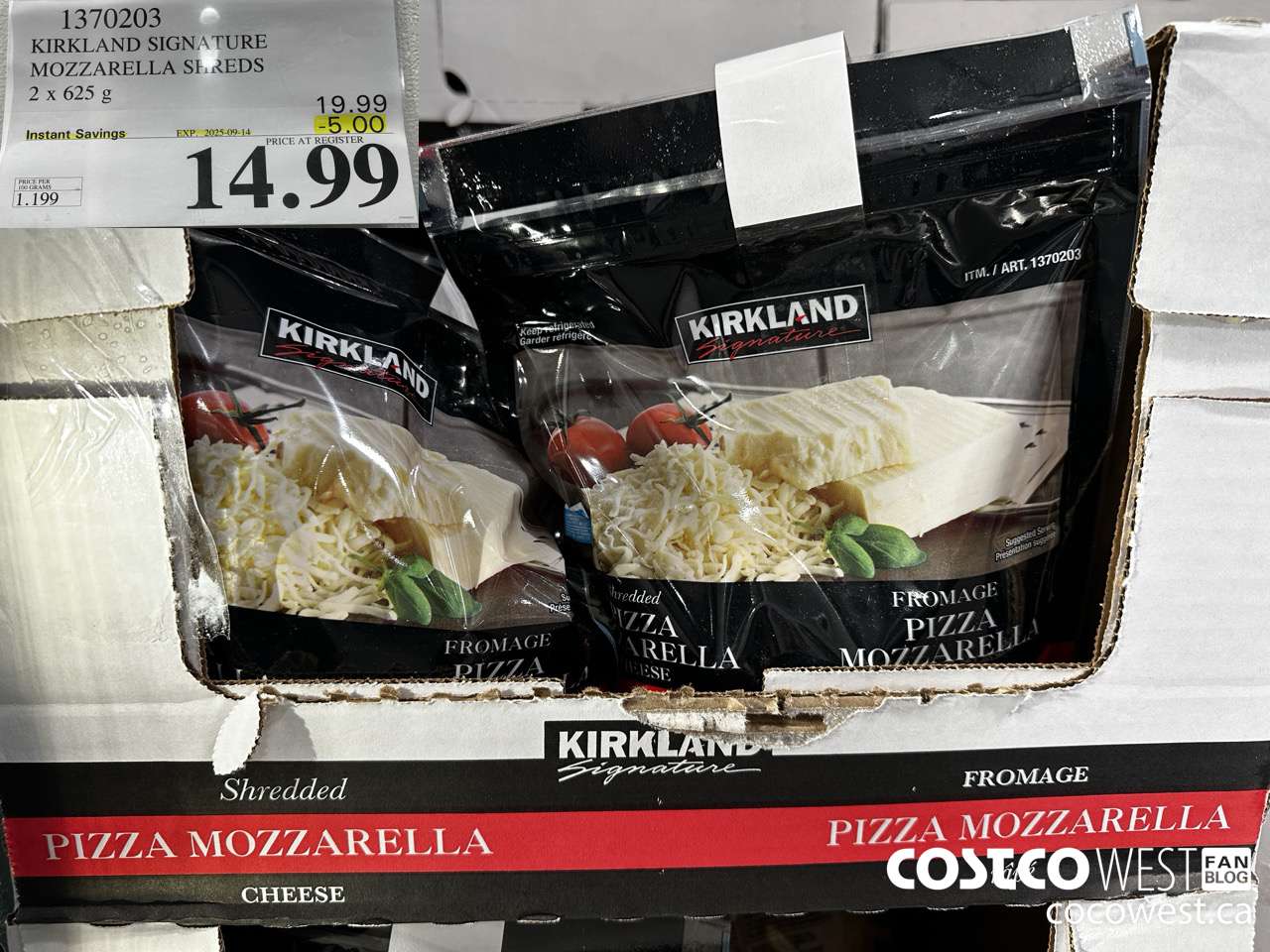 1370203 KIRKLAND SIGNATURE MOZZARELLA SHREDS 2 X 625 G ($5.00 INSTANT SAVINGS EXPIRES ON 2025-09-14) $14.99
