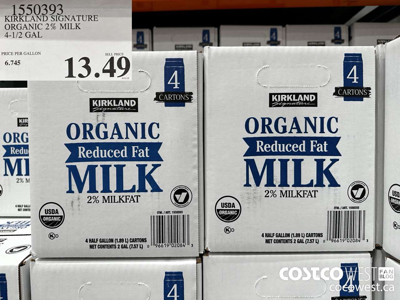 1550393 KIRKLAND SIGNATURE ORGANIC 2% MILK 4-1/2 GAL $13.49