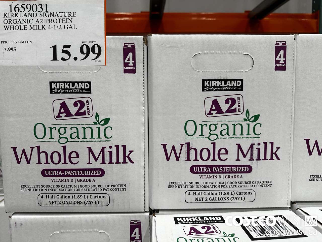 1659031 KIRKLAND SIGNATURE ORGANIC A2 PROTEIN WHOLE MILK 4-1/2 GAL $15.99