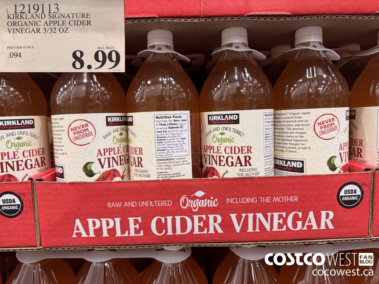 1219113 KIRKLAND SIGNATURE ORGANIC APPLE CIDER VINEGAR 3/32 OZ $8.99