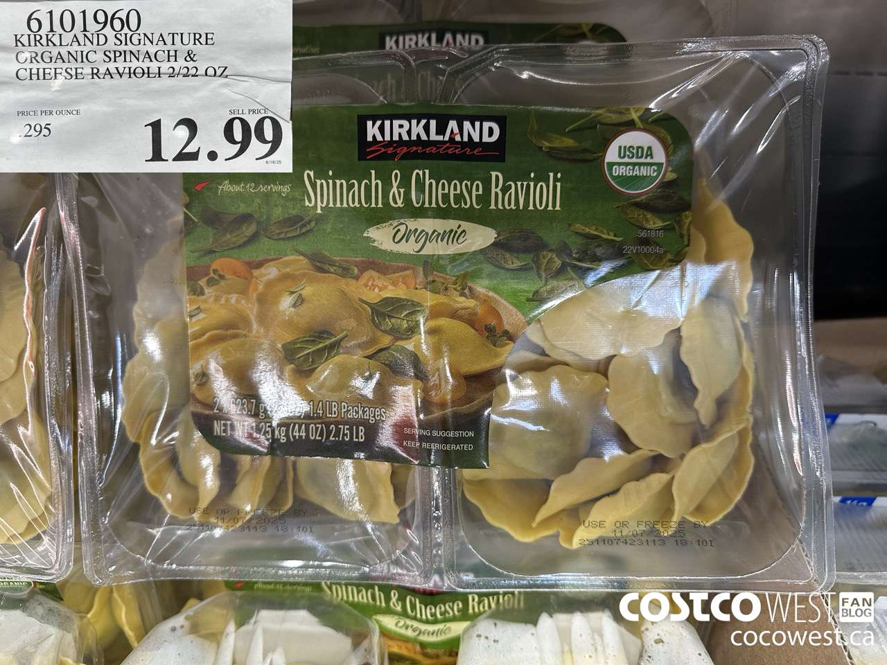 6101960 KIRKLAND SIGNATURE ORGANIC CHEESE & SPINACH RAVIOLI 2/22 OZ $12.99