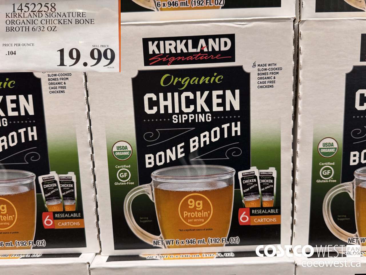 1452258 KIRKLAND SIGNATURE ORGANIC CHICKEN BONE BROTH 6/32 OZ $19.99
