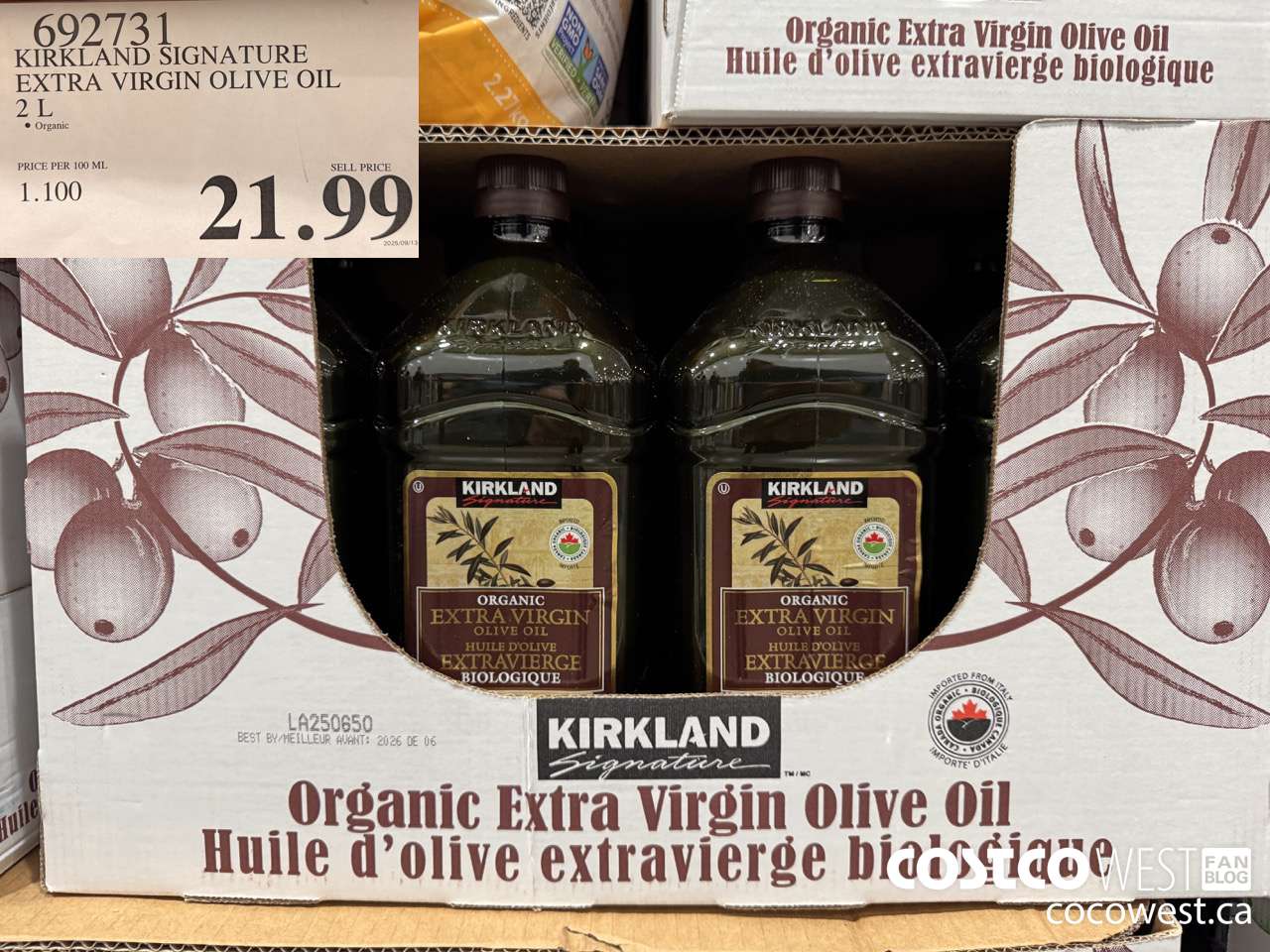 692731 KIRKLAND SIGNATURE ORGANIC EXTRA VIRGIN OLIVE OIL 2 L $21.99
