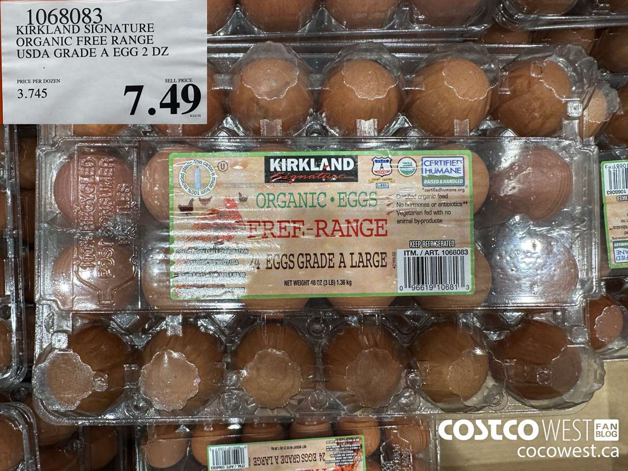 1068083 KIRKLAND SIGNATURE ORGANIC FREE RANGE USDA GRADE A EGG 2 DZ $7.49