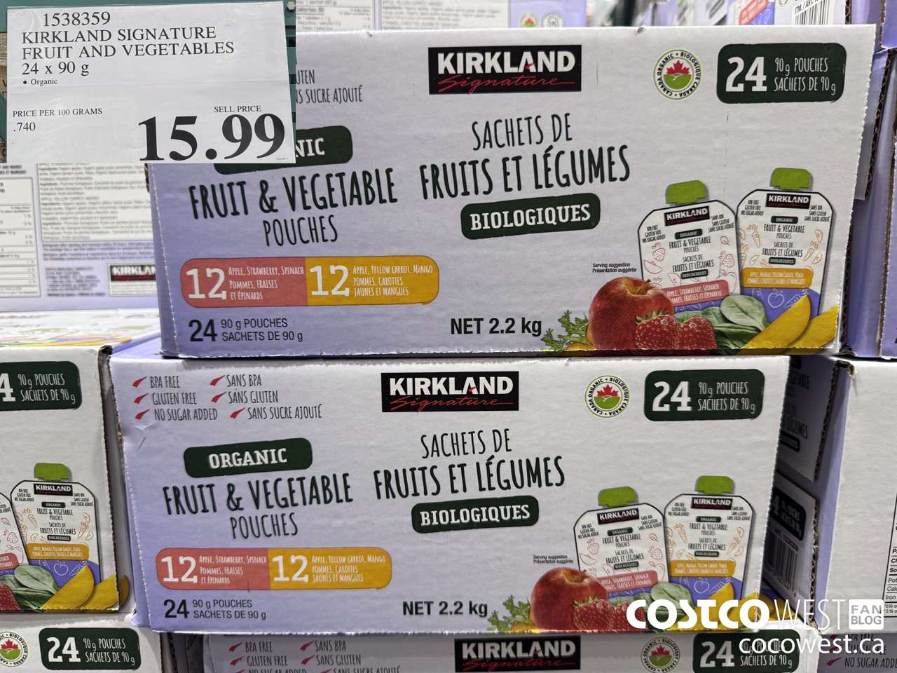 1538359 KIRKLAND SIGNATURE ORGANIC FRUIT & VEGGIE POUCHES 24 X 90G $15.99