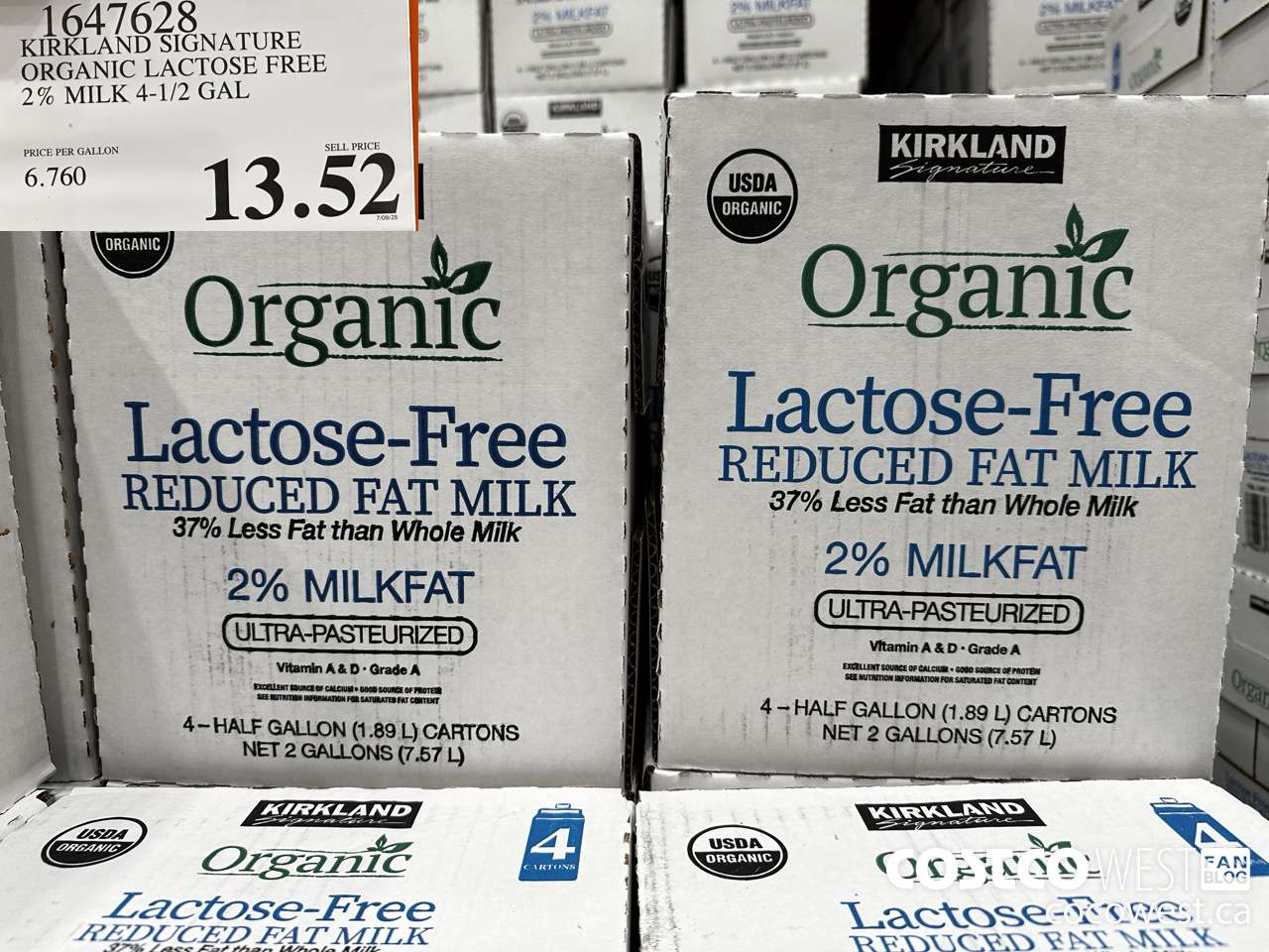 1647628 KIRKLAND SIGNATURE ORGANIC LACTOSE FREE 2% MILK 4-1/2 GAL $13.52