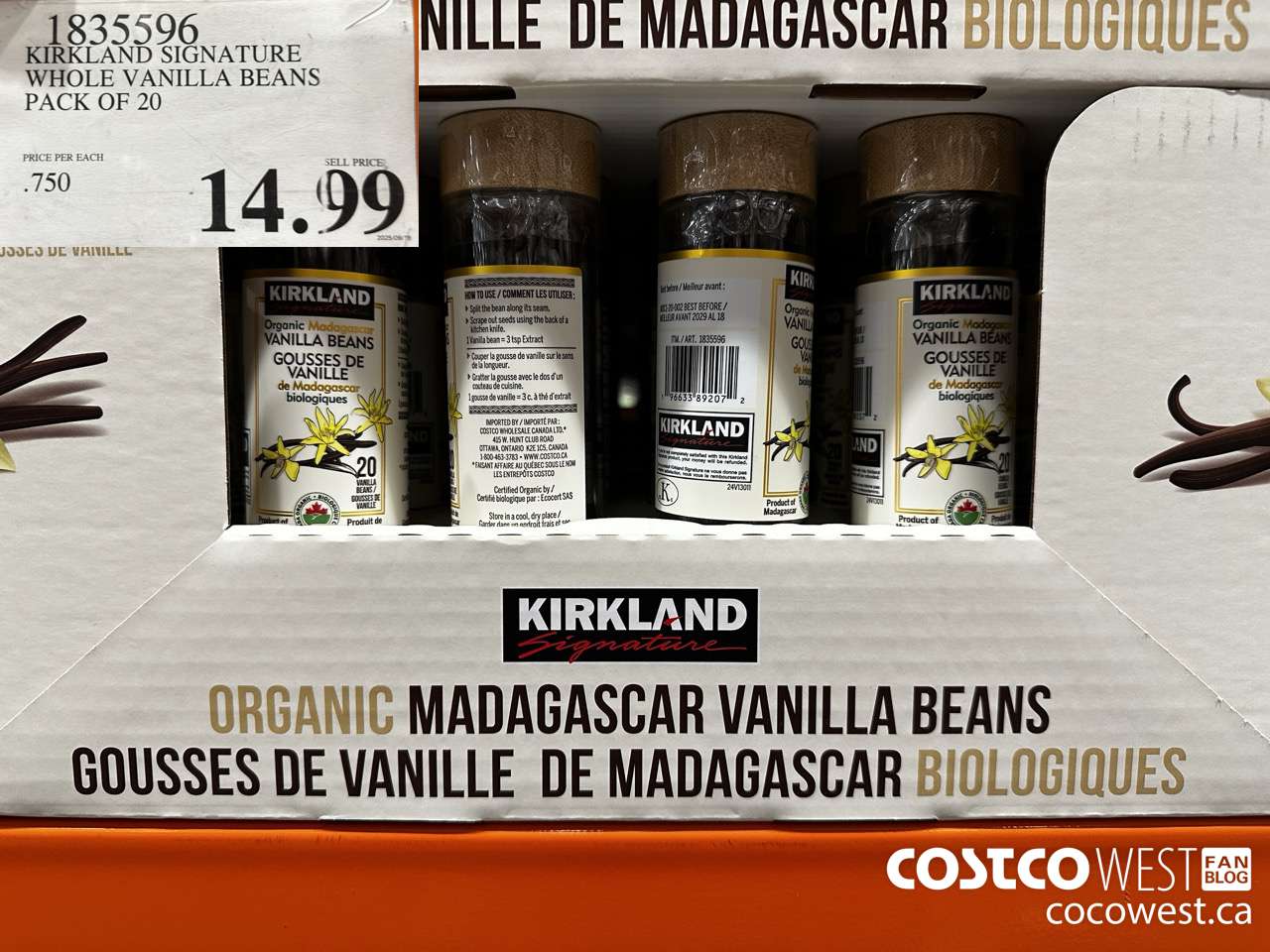 1835596 KIRKLAND SIGNATURE ORGANIC VANILLA BEANS 20 CT $14.99