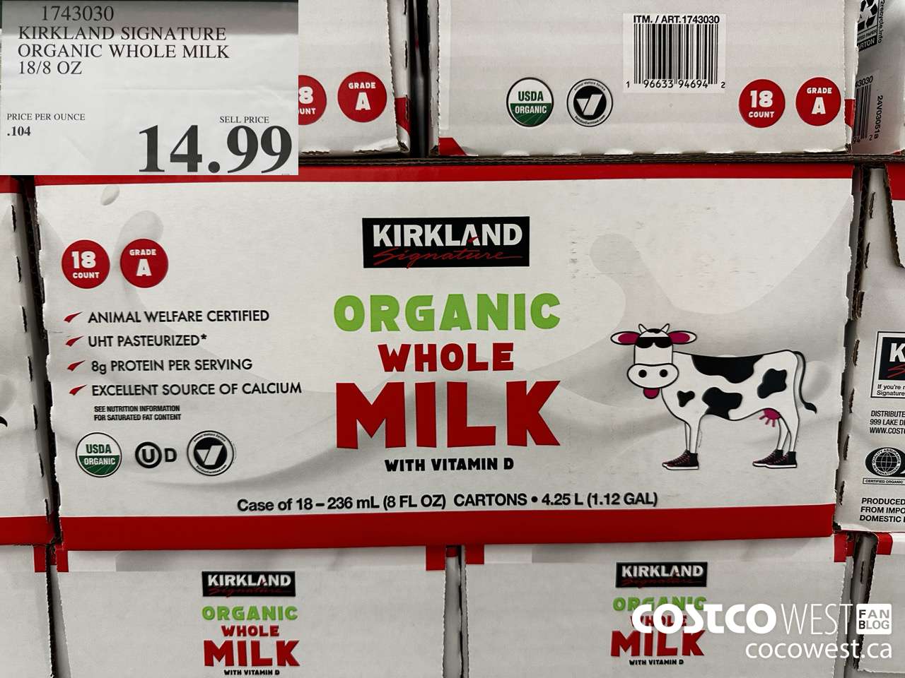 1743030 KIRKLAND SIGNATURE ORGANIC WHOLE MILK 18/8 OZ $14.99