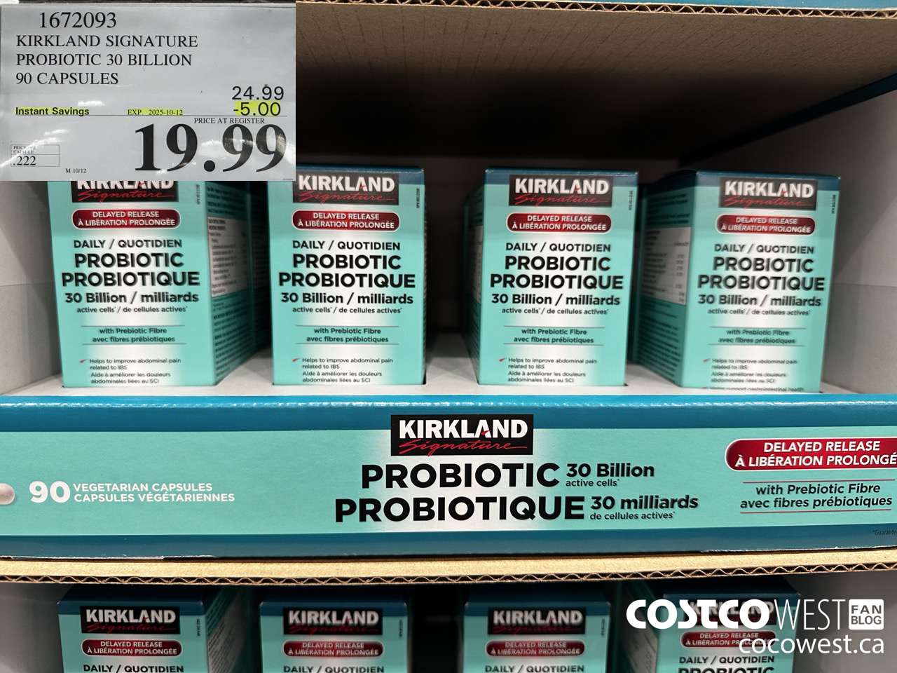 1672093 KIRKLAND SIGNATURE PROBIOTIC 30 BILLION 90 VEGETARIAN CAPSULES ($5.00 INSTANT SAVINGS EXPIRES ON 2025-10-12) $19.99