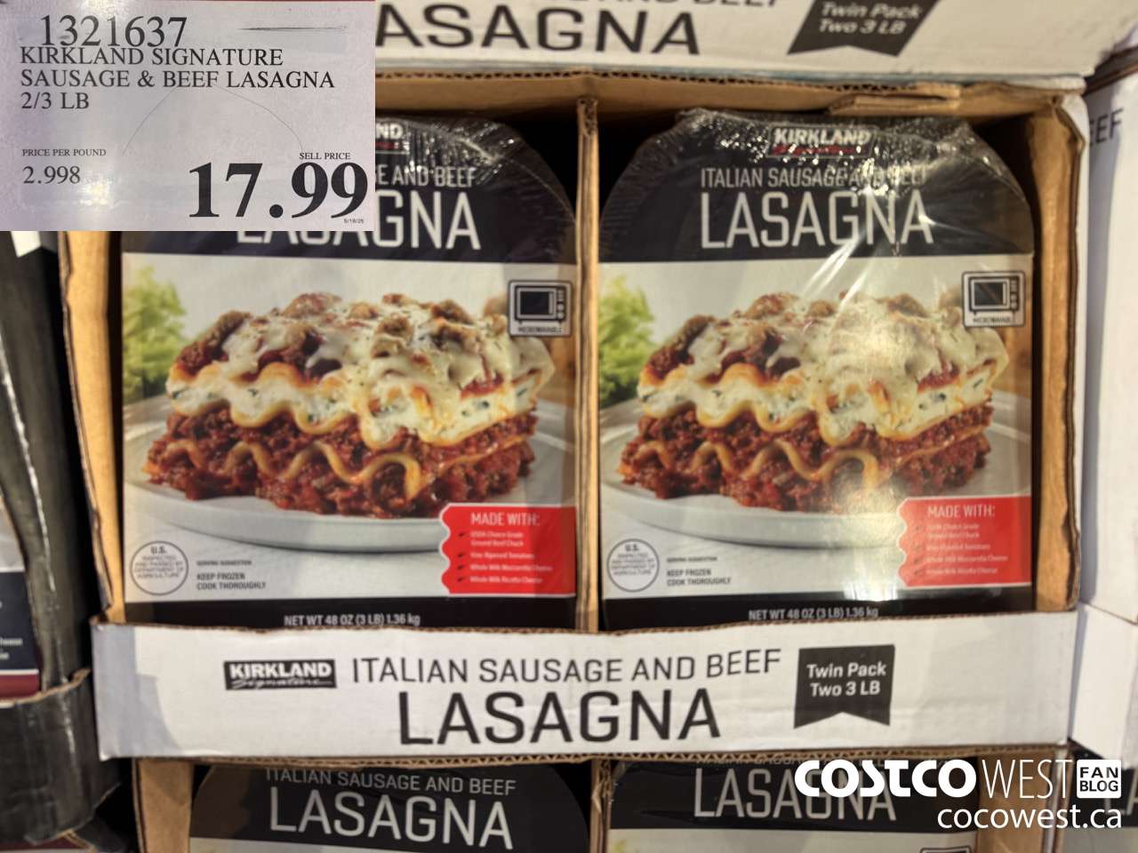 1321637 KIRKLAND SIGNATURE SAUSAGE & BEEF LASAGNA 2/3 LB $17.99