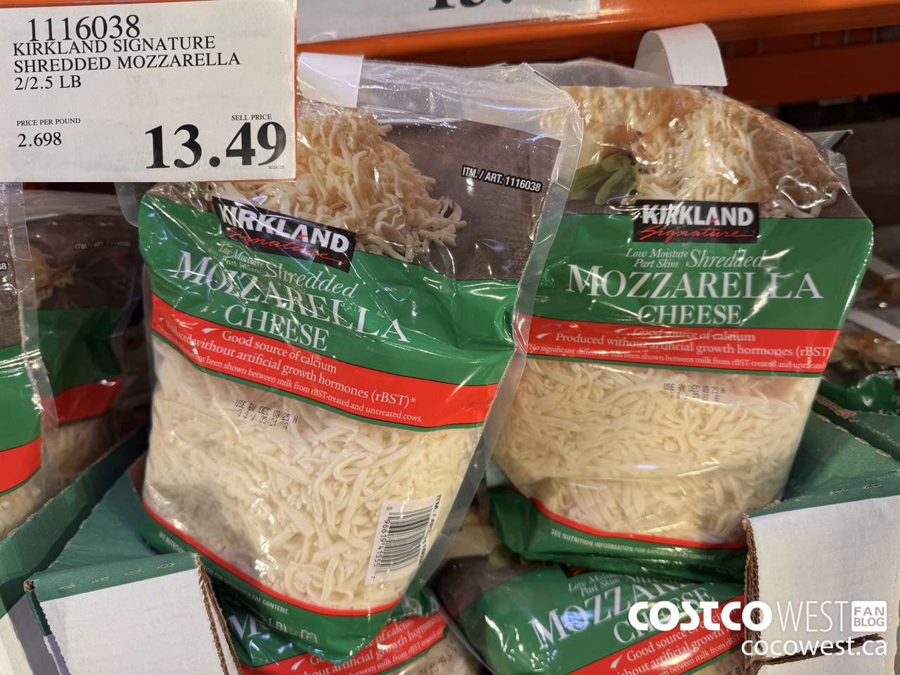 1116038 KIRKLAND SIGNATURE SHREDDED MOZZARELLA 2/2.5 LB $13.49