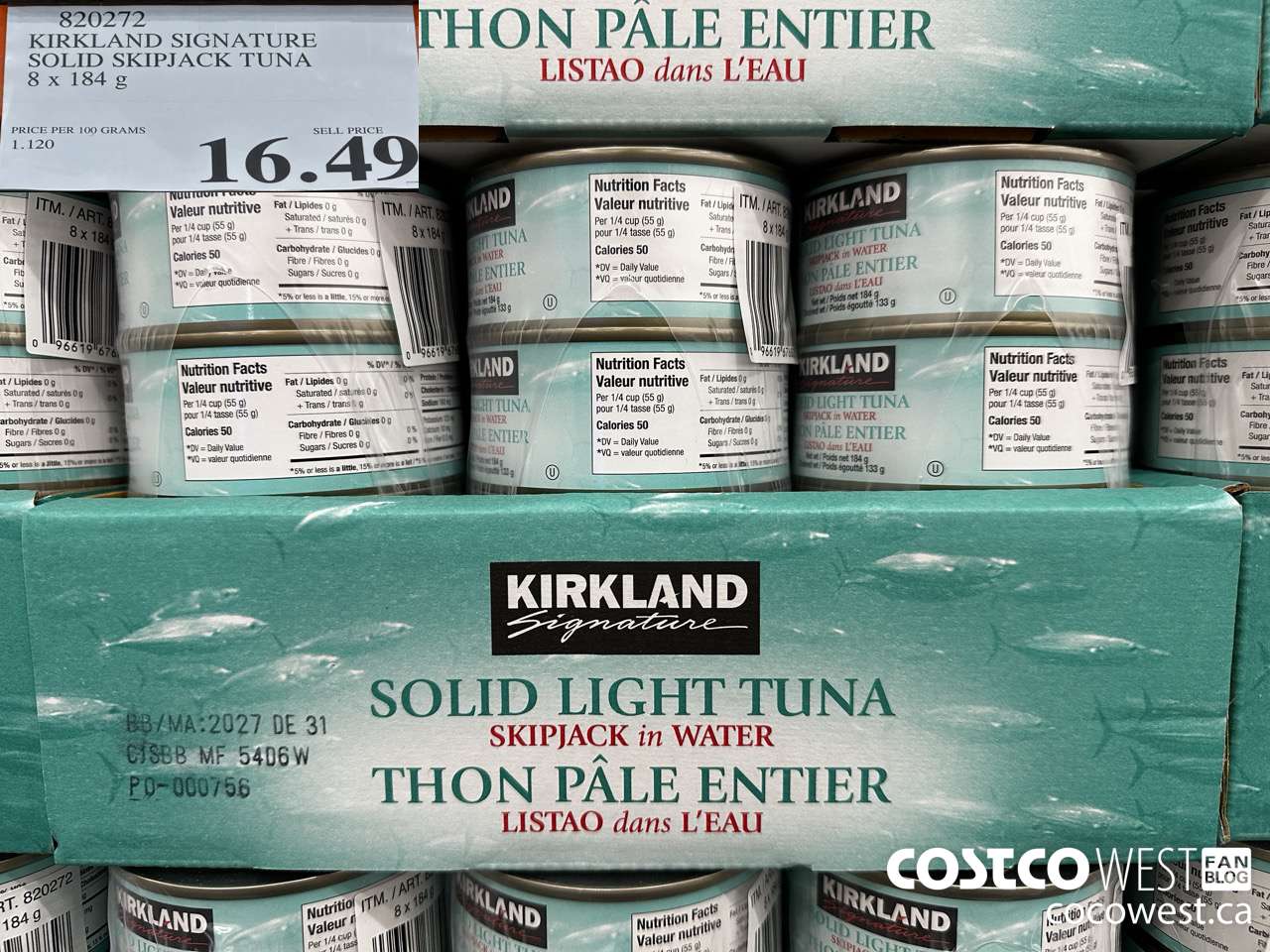 820272 KIRKLAND SIGNATURE SKIPJACK SOLID LIGHT TUNA IN WATER 8 x 184g $16.49