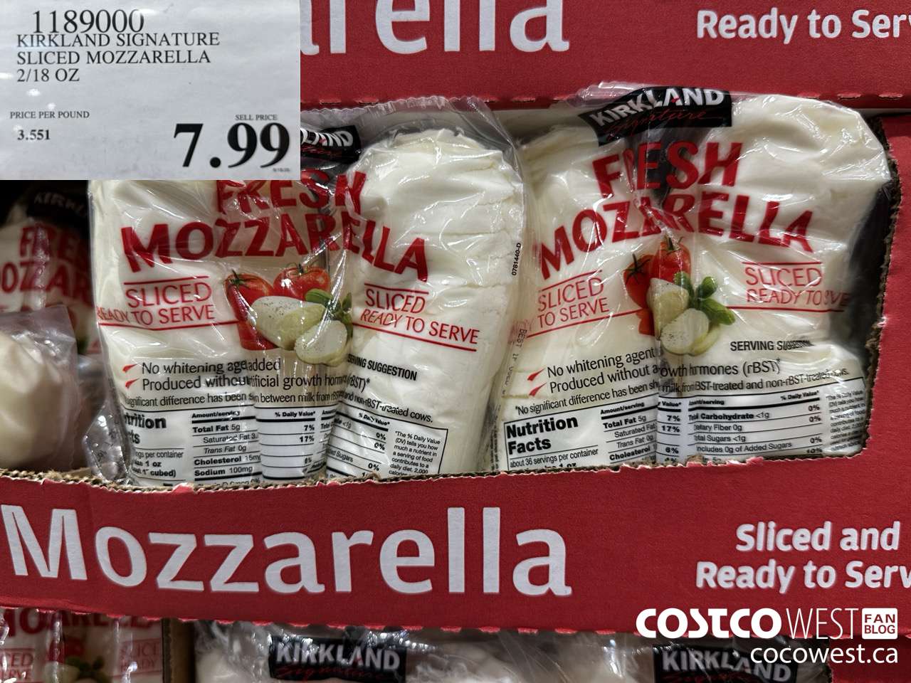 1189000 KIRKLAND SIGNATURE SLICED MOZZARELLA 2/18 OZ $7.99