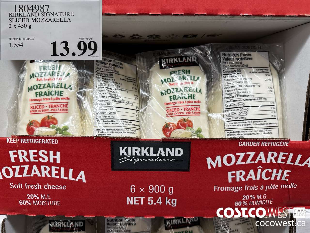 1804987 KIRKLAND SIGNATURE SLICED MOZZARELLA 2 X 450G $13.99