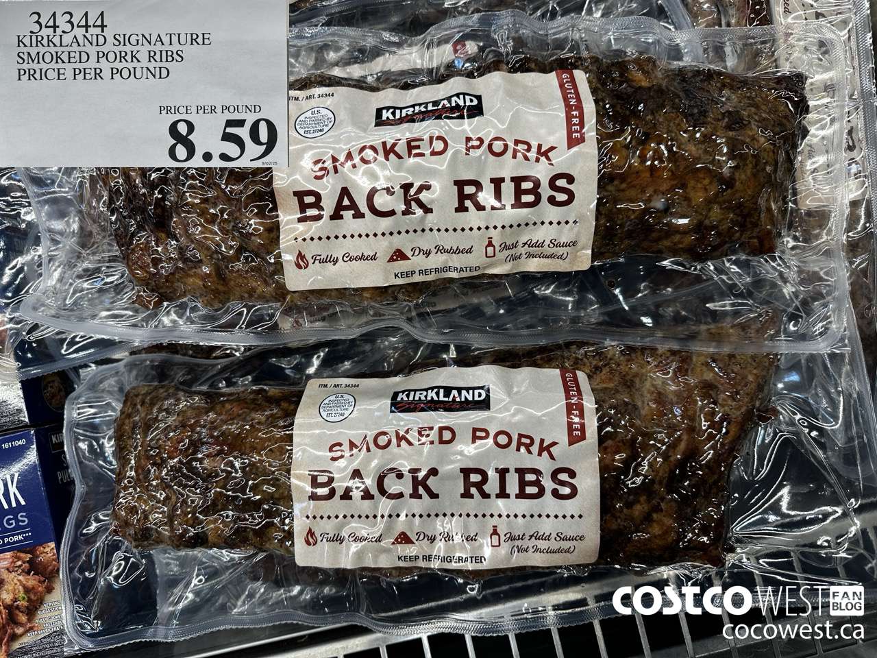 34344 KIRKLAND SIGNATURE SMOKED PORK RIBS PRICE PER POUND $8.59