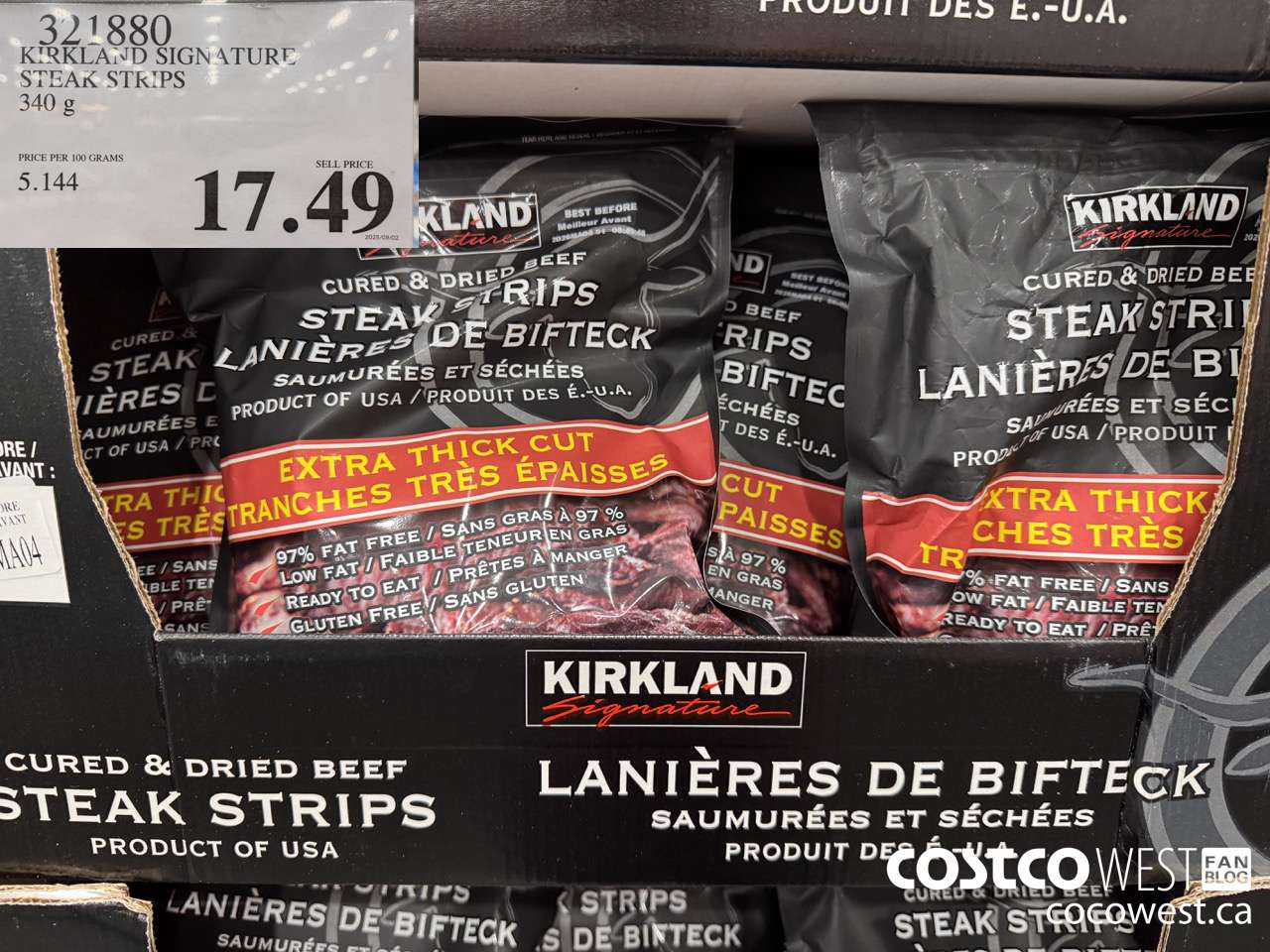 321880 KIRKLAND SIGNATURE STEAK STRIPS 340 G $17.49