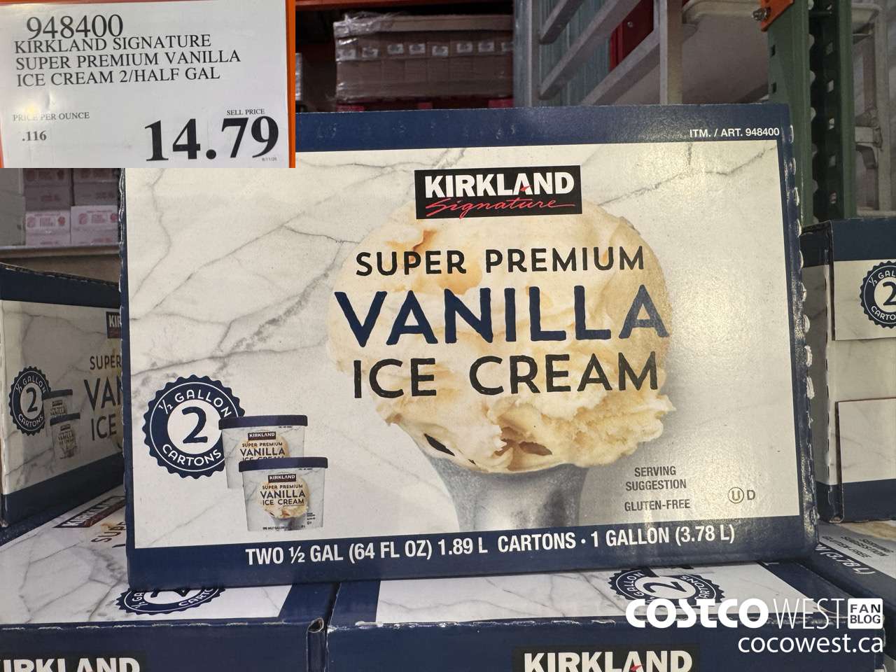 948400 KIRKLAND SIGNATURE SUPER PREMIUM VANILLA ICE CREAM 2/HALF GAL $14.79