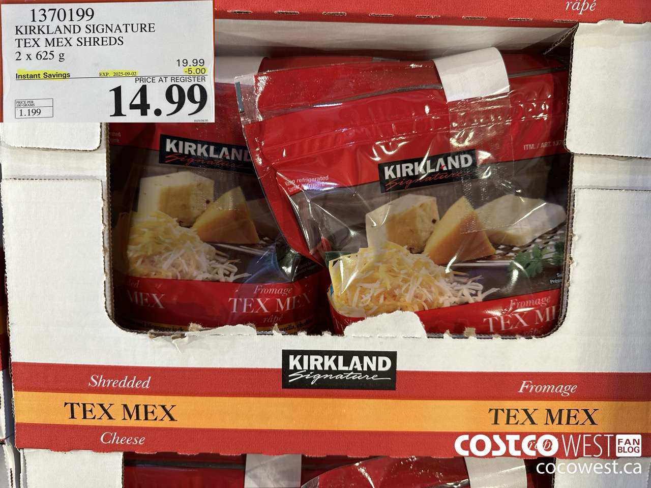 1370199 KIRKLAND SIGNATURE TEX MEX SHRED 2 x 625 g ($5.00 INSTANT SAVINGS EXPIRES ON 2025-09-02) $14.99