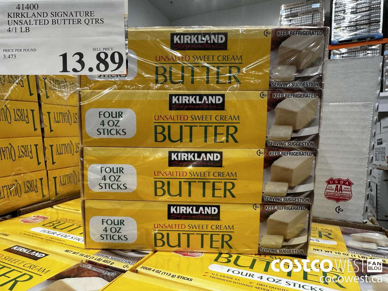 41400 KIRKLAND SIGNATURE UNSALTED BUTTER QTRS 4/1 LB $13.89