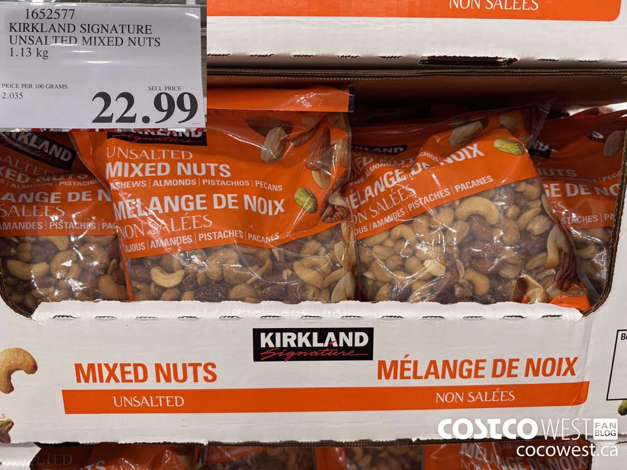 1652577 KIRKLAND SIGNATURE UNSALTED MIXED NUTS 1.13KG $22.99