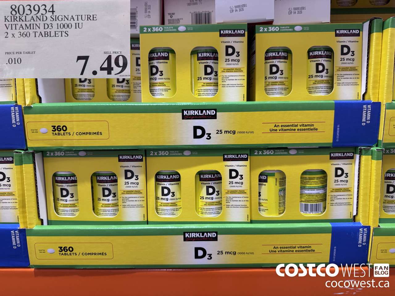 803934 KIRKLAND SIGNATURE VITAMIN D3 1000 IU 2 X 360 TABLETS $7.49