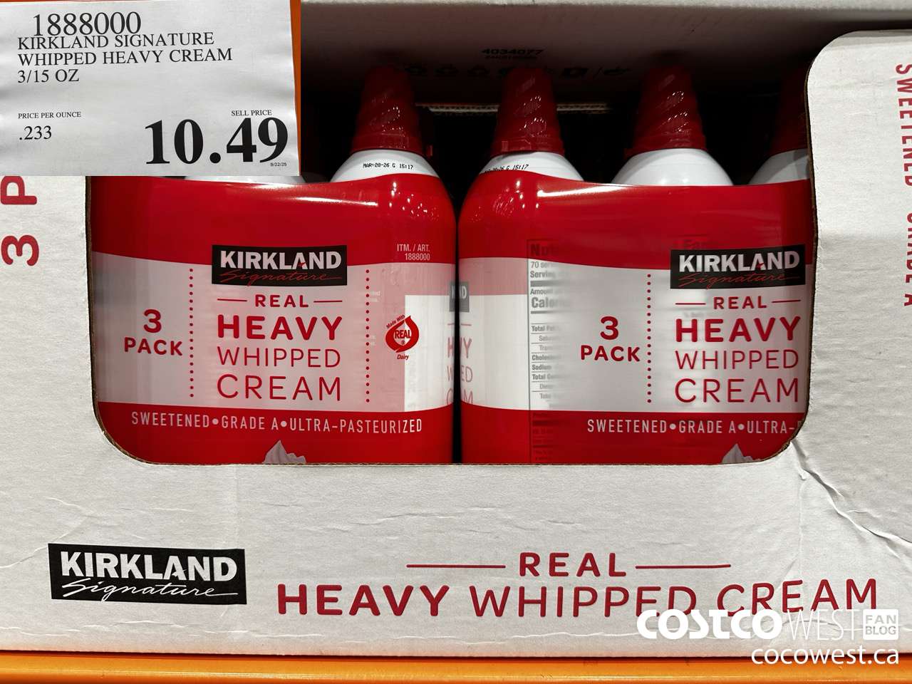 1888000 KIRKLAND SIGNATURE WHIPPED HEAVY CREAM 3/15 OZ $10.49