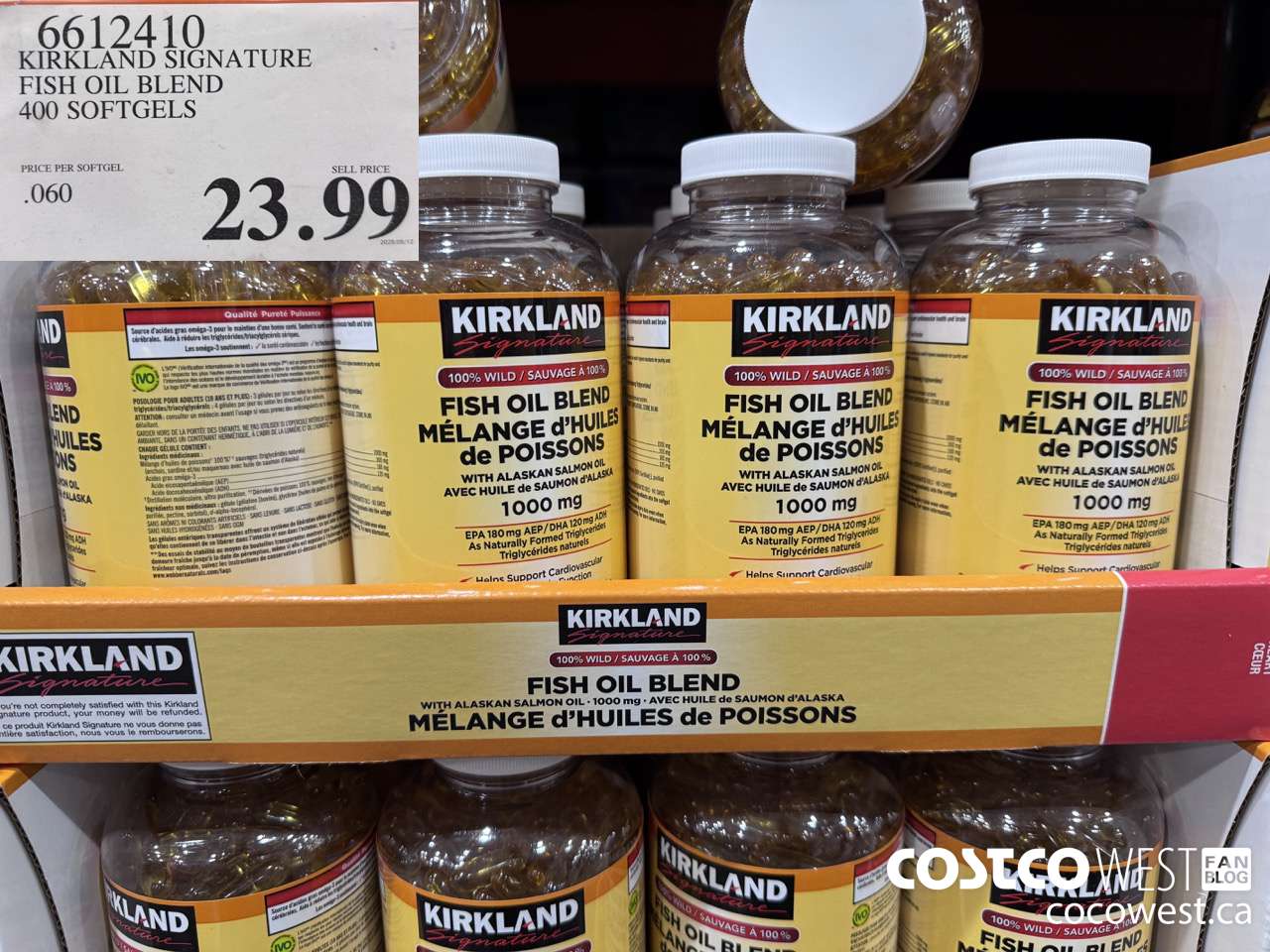 6612410 KIRKLAND SIGNATURE WILD FISH OIL W/SALMON 400 SOFTGELS $23.99