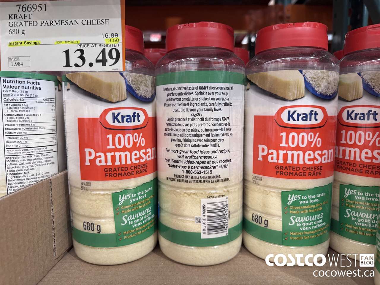 766951 KRAFT GRATED PARMESAN CHEESE 680 g ($3.50 INSTANT SAVINGS EXPIRES ON 2025-09-21) $13.49