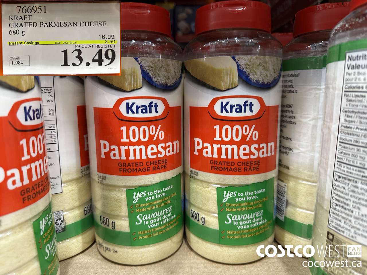 766951 KRAFT GRATED PARMESAN CHEESE 680 g ($3.50 INSTANT SAVINGS EXPIRES ON 2025-09-28) $13.49