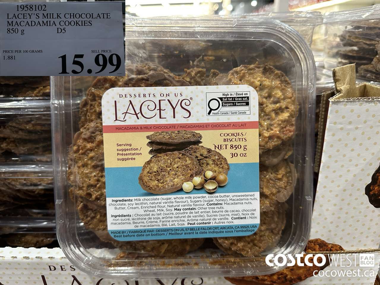 1958102 LACEY'S MILK CHOCOLATE MACADAMIA COOKIES 850G $15.99