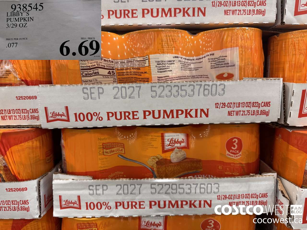 938545 LIBBY'S PUMPKIN 3/29 OZ $6.69
