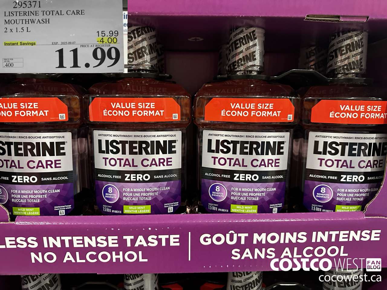 295371 LISTERINE MOUTHWASH TOTAL CARE ZERO 2 X 1.5L ($4.00 INSTANT SAVINGS EXPIRES ON 2025-09-07) $11.99
