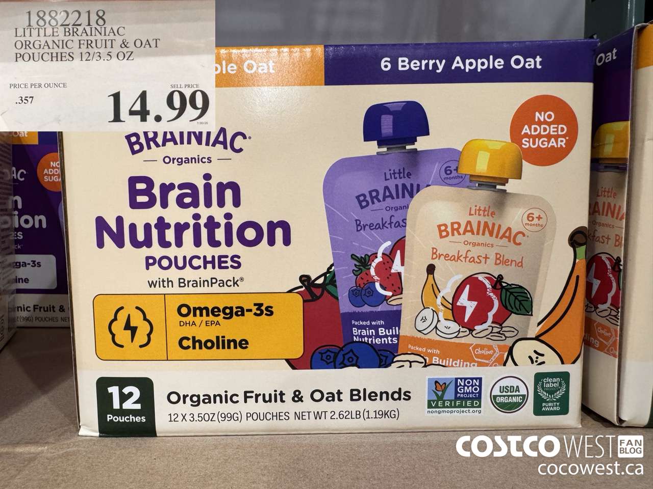 1882218 LITTLE BRAINIAC ORGANIC FRUIT & OAT POUCHES 12/3.5 OZ $14.99