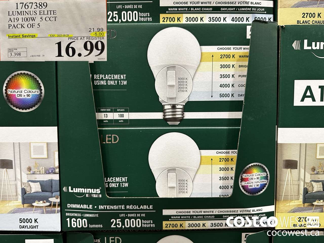 1767389 LUMINUS ELITE A19 100W 5 CCT PACK OF 5 ($5.00 INSTANT SAVINGS EXPIRES ON 2025-09-29) $16.99