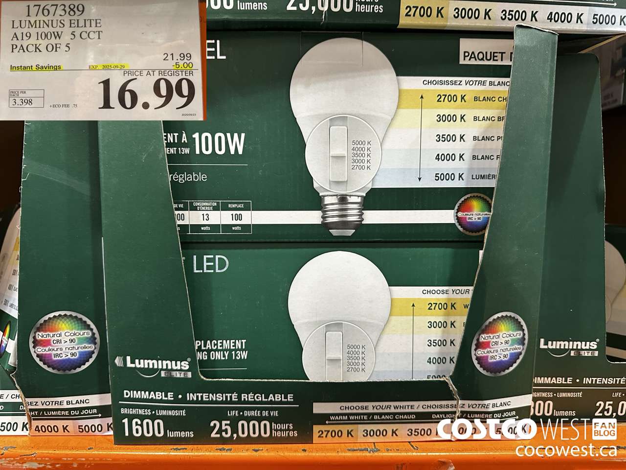 1767389 LUMINUS ELITE A19 100W 5 CCT PACK OF 5 ($5.00 INSTANT SAVINGS EXPIRES ON 2025-09-29) $16.99