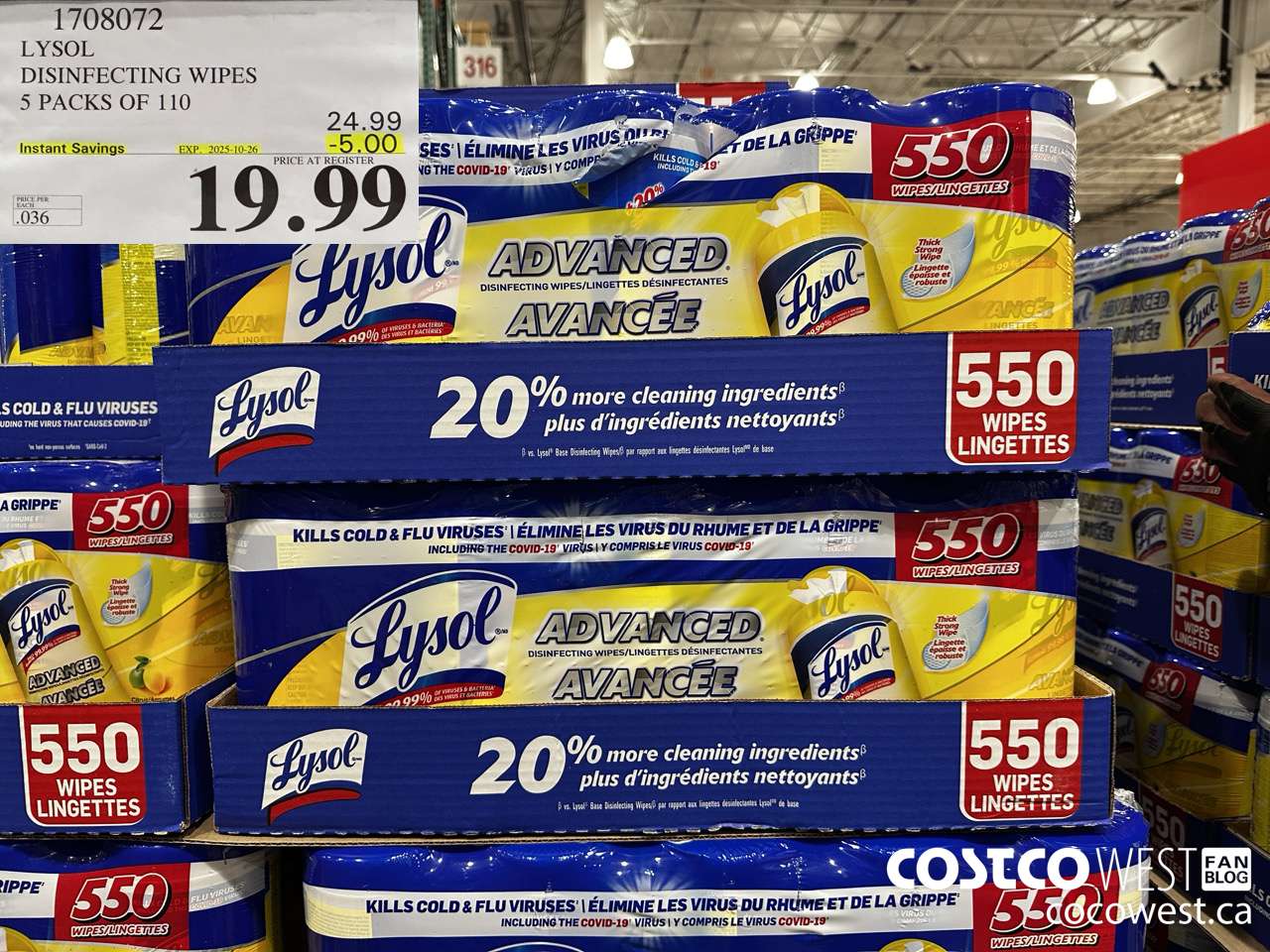 1708072 LYSOL DISINFECTING WIPES 5 X 110 WIPES ($5.00 INSTANT SAVINGS EXPIRES ON 2025-10-26) $19.99