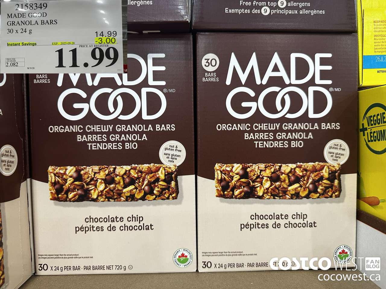 2158349 MADE GOOD ORGANIC GRANOLA BARS 30 X 24G ($3.00 INSTANT SAVINGS EXPIRES ON 2025-09-28) $11.99