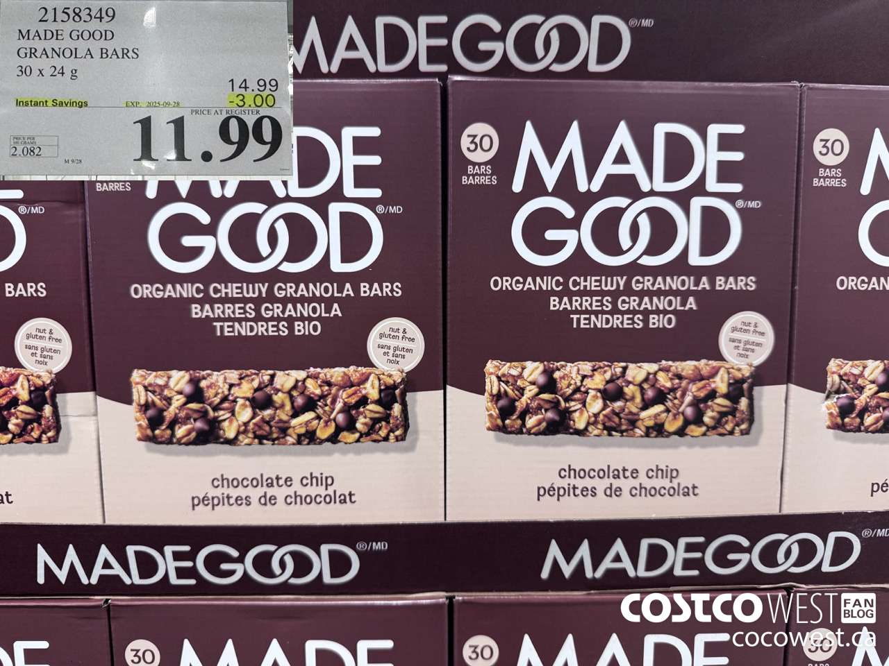 2158349 MADE GOOD ORGANIC GRANOLA BARS 30 X 24G ($3.00 INSTANT SAVINGS EXPIRES ON 2025-09-28) $11.99