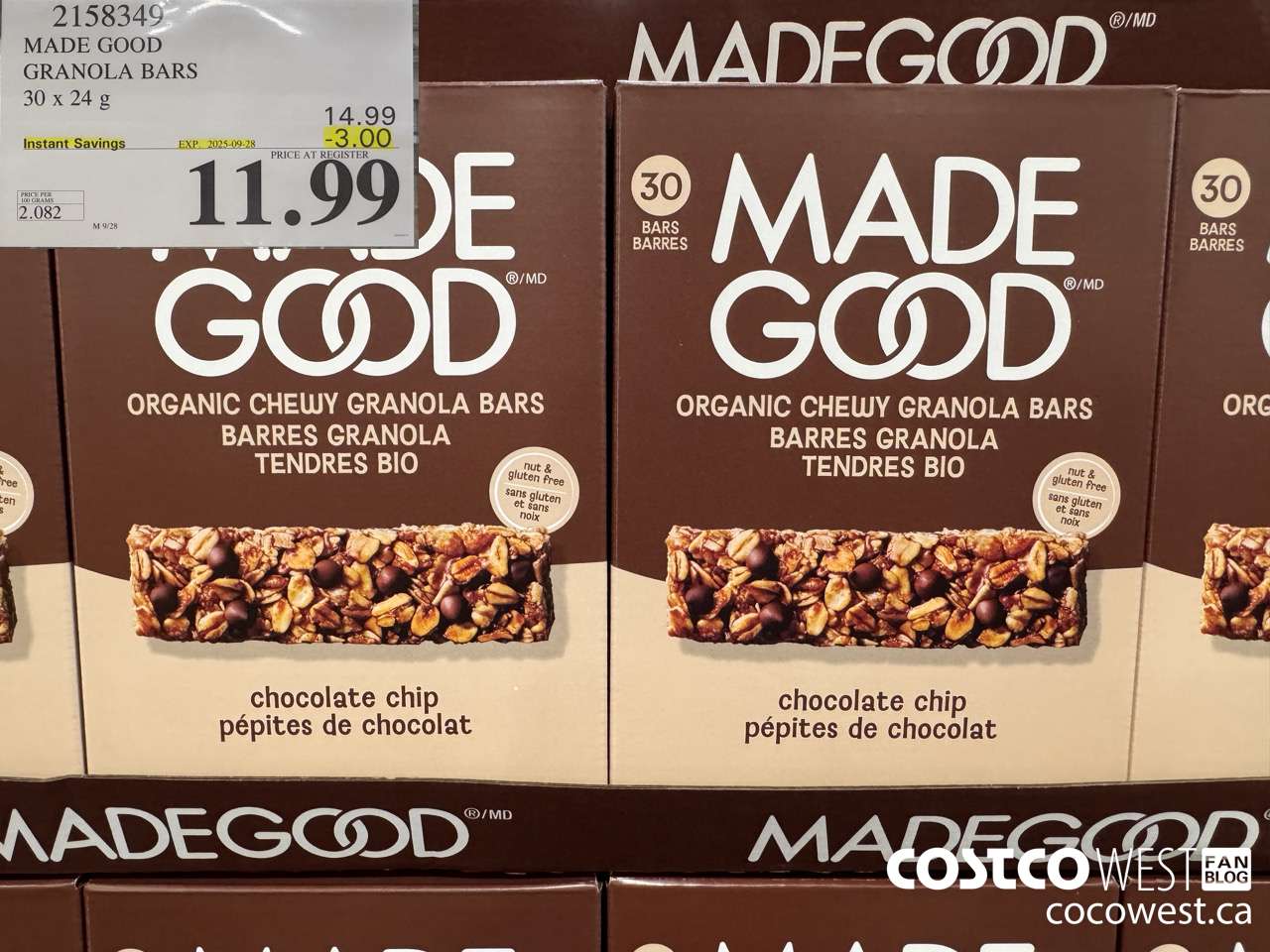 2158349 MADE GOOD ORGANIC GRANOLA BARS 30 X 24G ($3.00 INSTANT SAVINGS EXPIRES ON 2025-09-28) $11.99