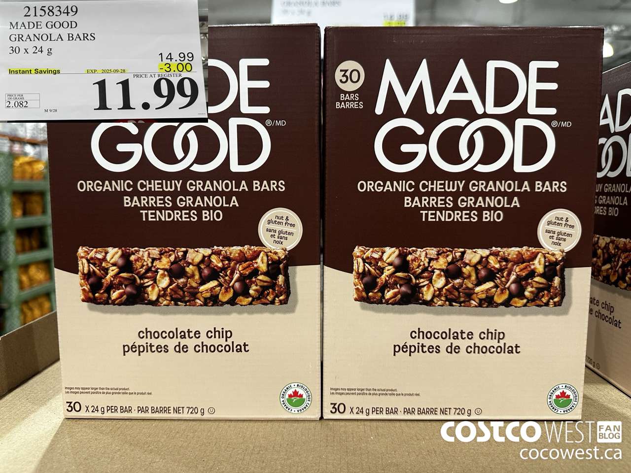 2158349 MADE GOOD ORGANIC GRANOLA BARS 30 X 24G ($3.00 INSTANT SAVINGS EXPIRES ON 2025-09-28) $11.99