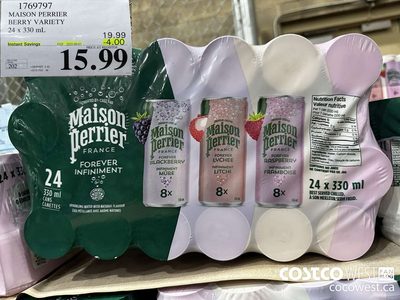 1769797 MAISON PERRIER BERRY VARIETY 24 X 330ML ($4.00 INSTANT SAVINGS EXPIRES ON 2025-09-07) $15.99