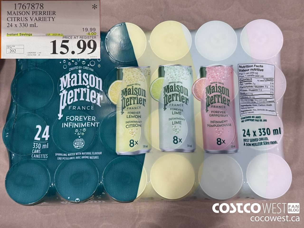 1767878 MAISON PERRIER CITRUS VARIETY 24 X 330ML ($4.00 INSTANT SAVINGS EXPIRES ON 2025-09-21) $15.99