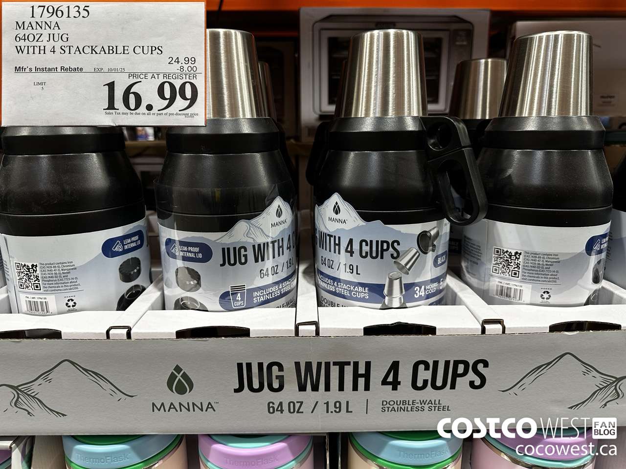 1796135 MANNA 64OZ JUG WITH 4 STACKABLE CUPS ($8.00 INSTANT SAVINGS EXPIRES ON 2025-10-01) $16.99