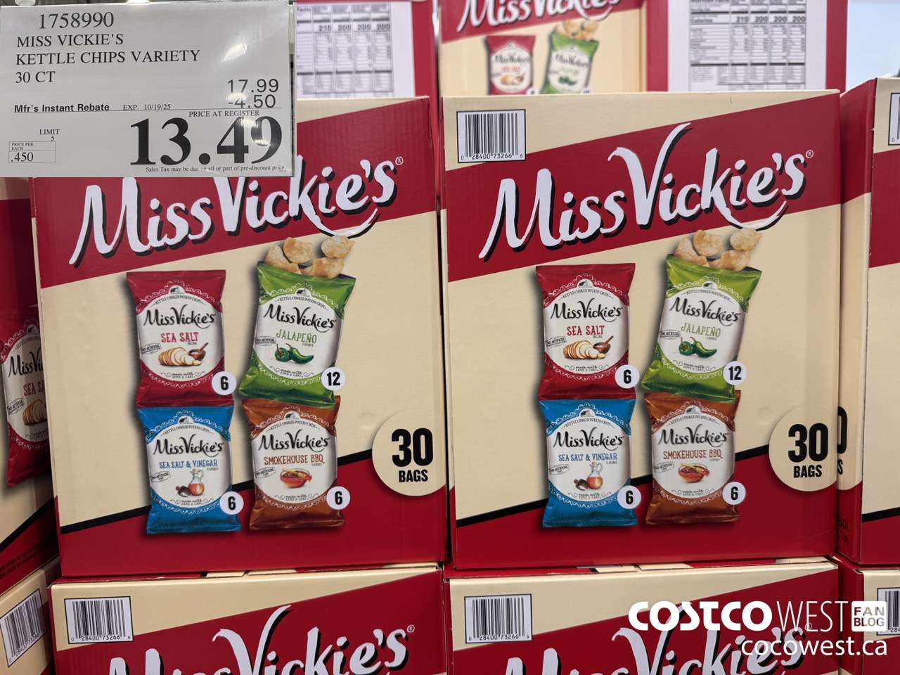 1758990 MISS VICKIE'S KETTLE CHIPS VARIETY 30 CT ($4.50 INSTANT SAVINGS EXPIRES ON 2025-10-19) $13.49