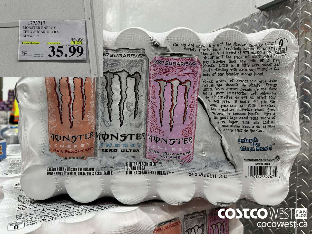 1773717 MONSTER ENERGY ZERO SUGAR ULTRA 94 x 473 mL ($9.00 INSTANT SAVINGS EXPIRES ON 2025-09-28) $35.99