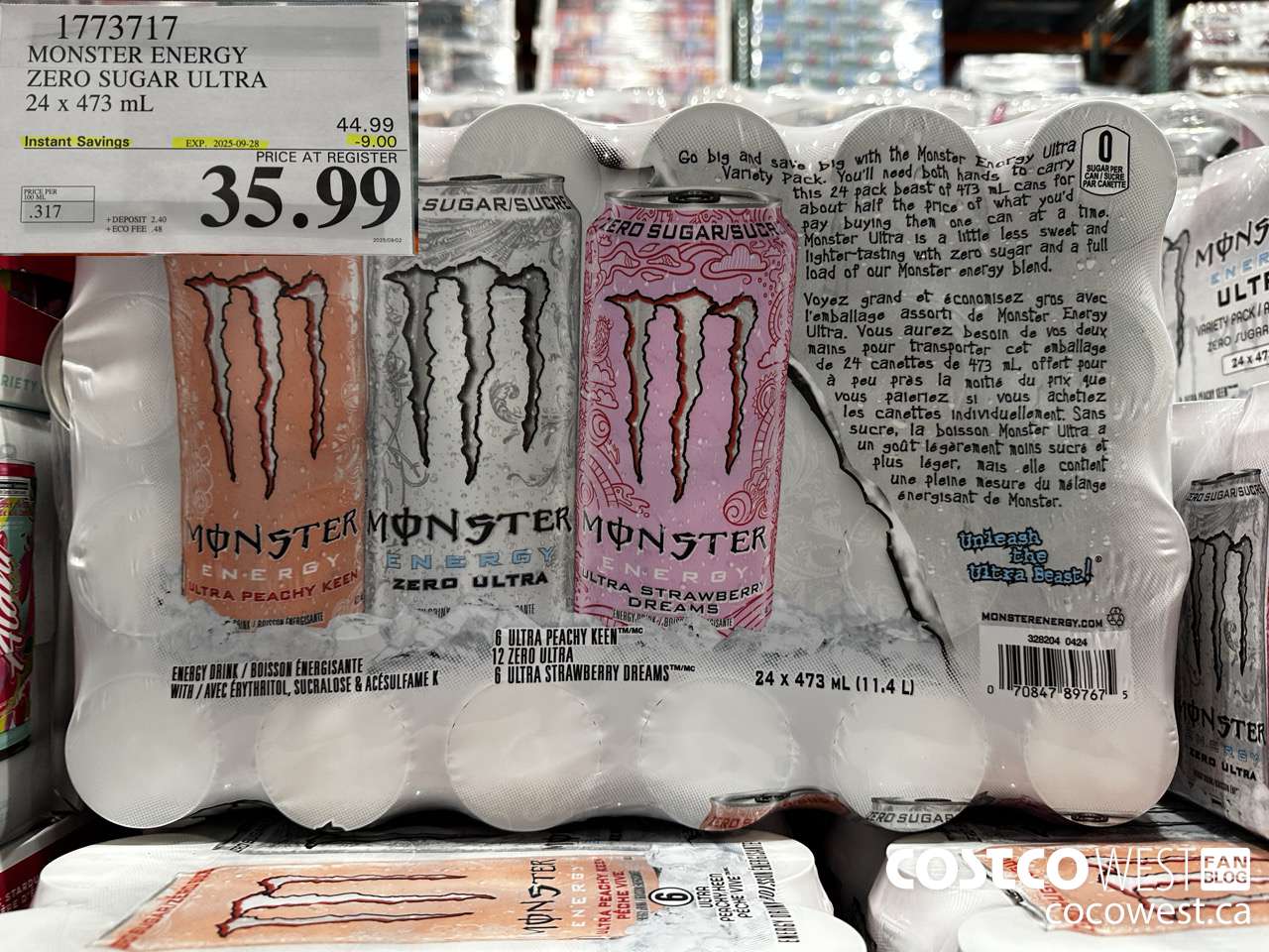 1773717 MONSTER ENERGY ZERO SUGAR ULTRA 94 x 473 mL ($9.00 INSTANT SAVINGS EXPIRES ON 2025-09-28) $35.99