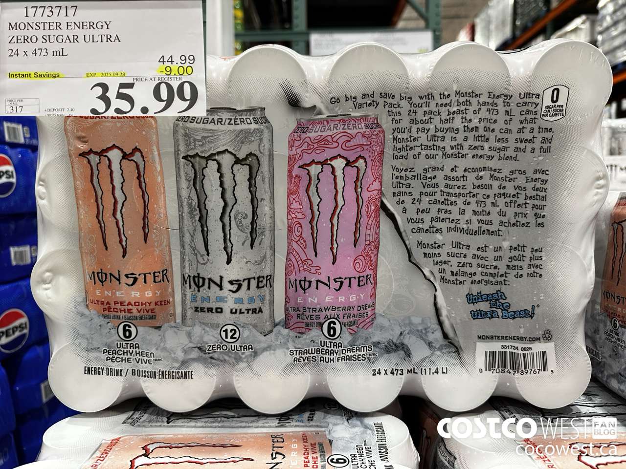 1773717 MONSTER ENERGY ZERO SUGAR ULTRA 94 x 473 mL ($9.00 INSTANT SAVINGS EXPIRES ON 2025-09-28) $35.99