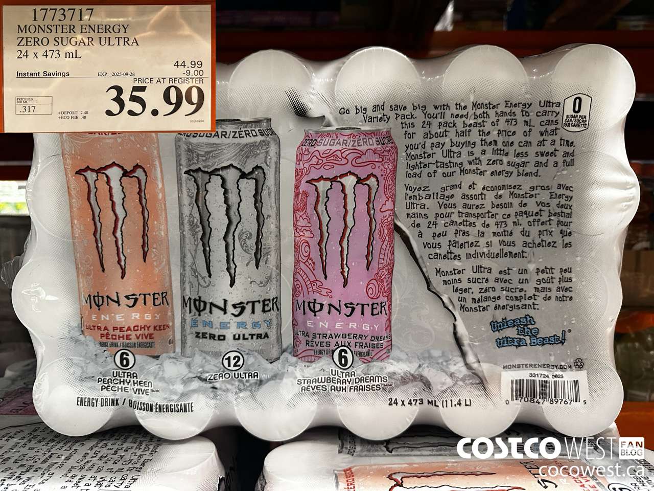 1773717 MONSTER ENERGY ZERO SUGAR ULTRA 94 x 473 mL ($9.00 INSTANT SAVINGS EXPIRES ON 2025-09-28) $35.99